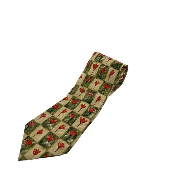 Ermenegildo Zegna Silk Tie 100% Red Flower Sage Green Yellow Italy - Picture 1 of 3